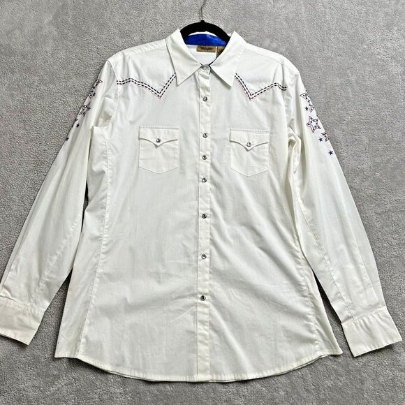 NWT Wrangler Women's Rhinestone Snap USA Stars Top Size XL White Red Blue - Picture 1 of 10